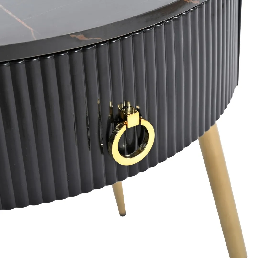 19.6'' End Tables, Set of 2, Modern Fluted Side Tables with Drawers, Faux Marble, Black