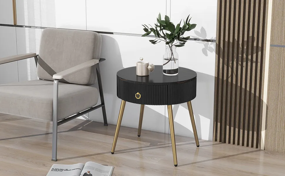 19.6'' End Tables, Set of 2, Modern Fluted Side Tables with Drawers, Faux Marble, Black