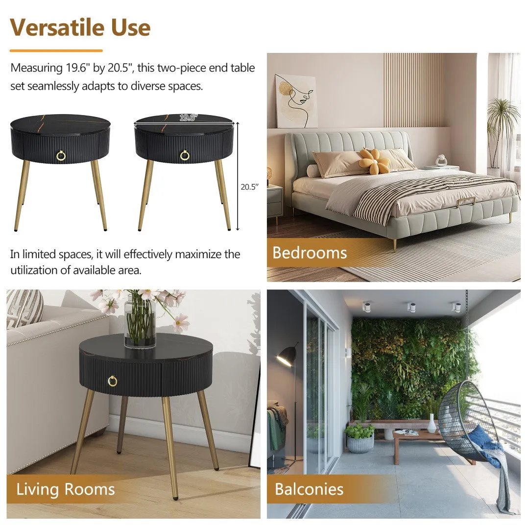 19.6'' End Tables, Set of 2, Modern Fluted Side Tables with Drawers, Faux Marble, Black