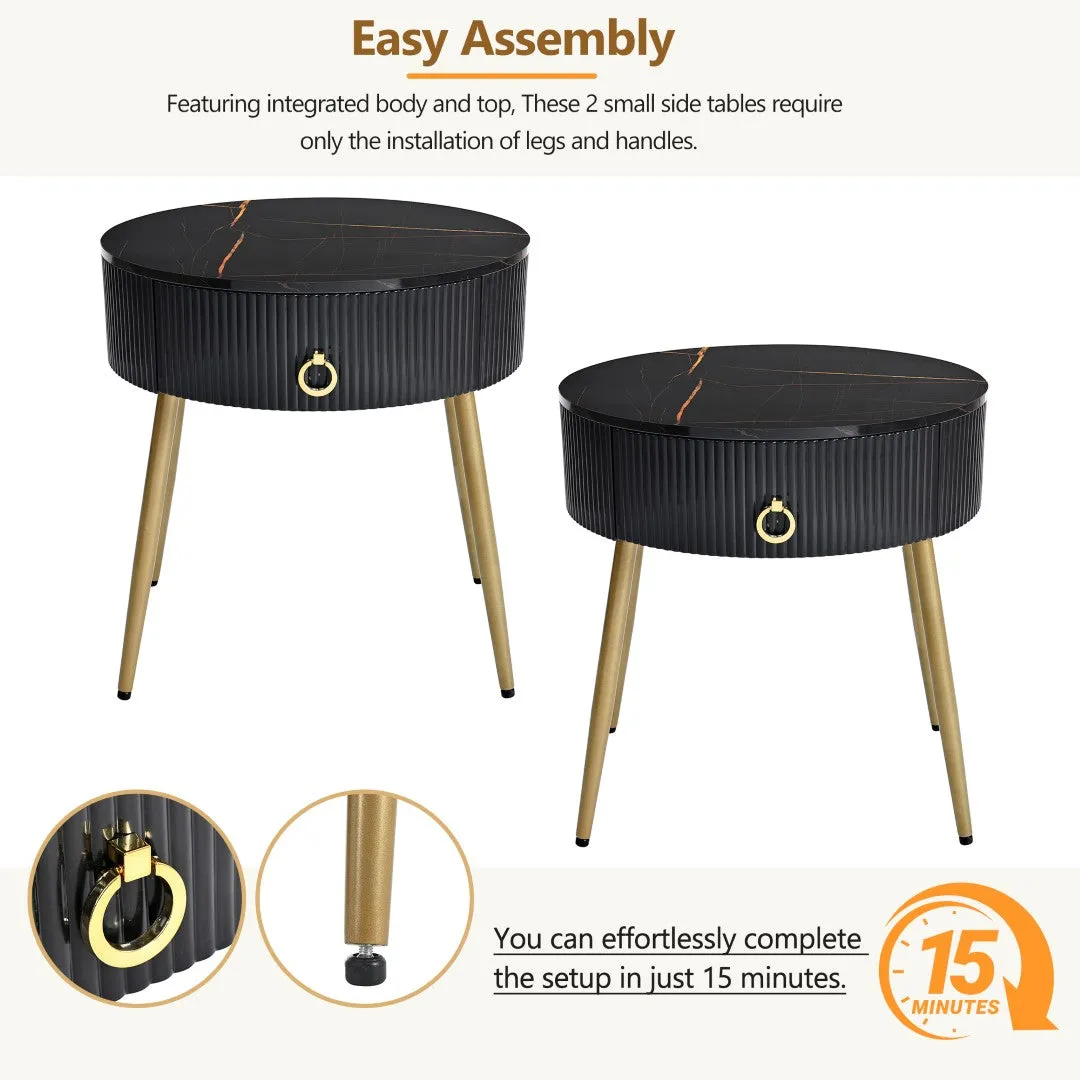 19.6'' End Tables, Set of 2, Modern Fluted Side Tables with Drawers, Faux Marble, Black