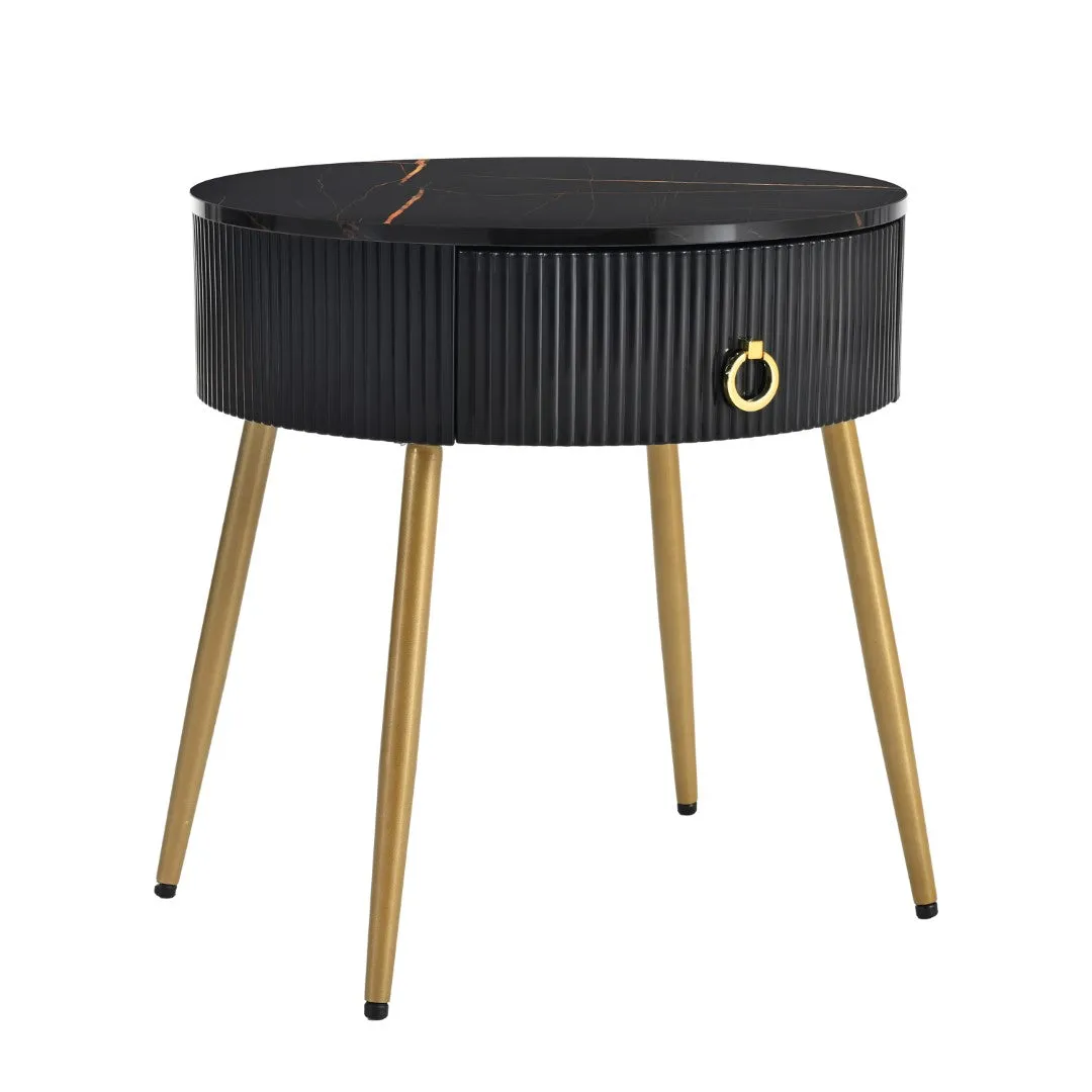 19.6'' End Tables, Set of 2, Modern Fluted Side Tables with Drawers, Faux Marble, Black