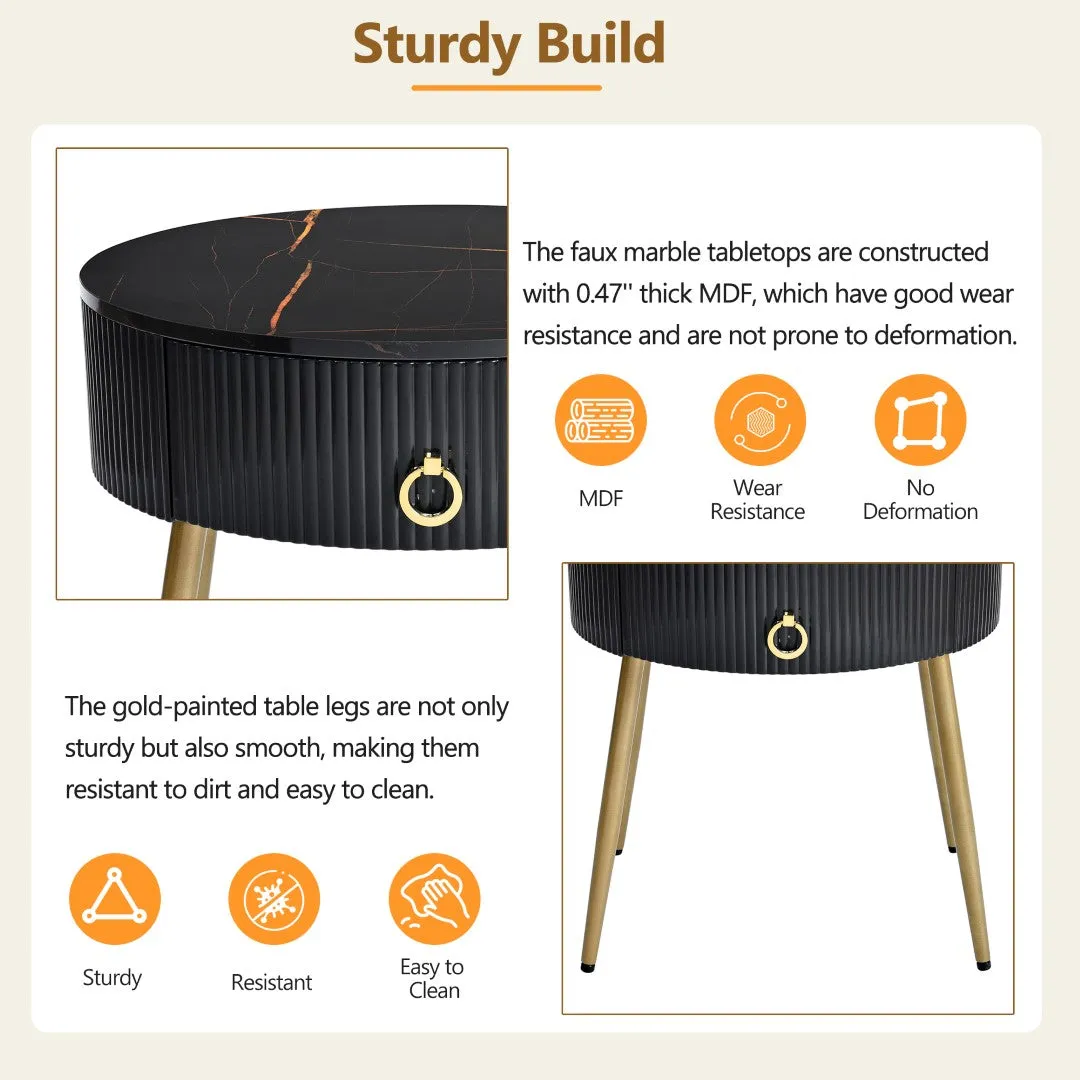 19.6'' End Tables, Set of 2, Modern Fluted Side Tables with Drawers, Faux Marble, Black
