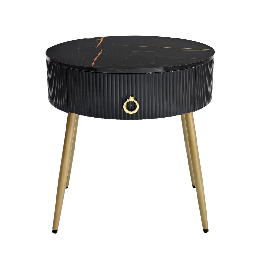 19.6'' End Tables, Set of 2, Modern Fluted Side Tables with Drawers, Faux Marble, Black