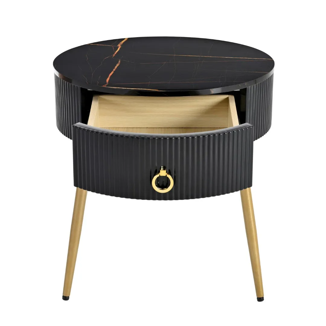 19.6'' End Tables, Set of 2, Modern Fluted Side Tables with Drawers, Faux Marble, Black