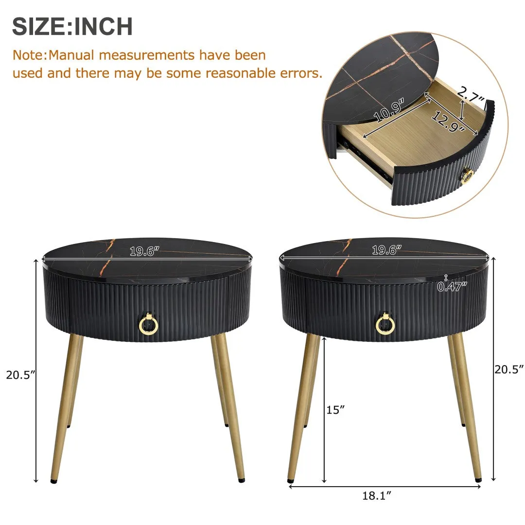 19.6'' End Tables, Set of 2, Modern Fluted Side Tables with Drawers, Faux Marble, Black