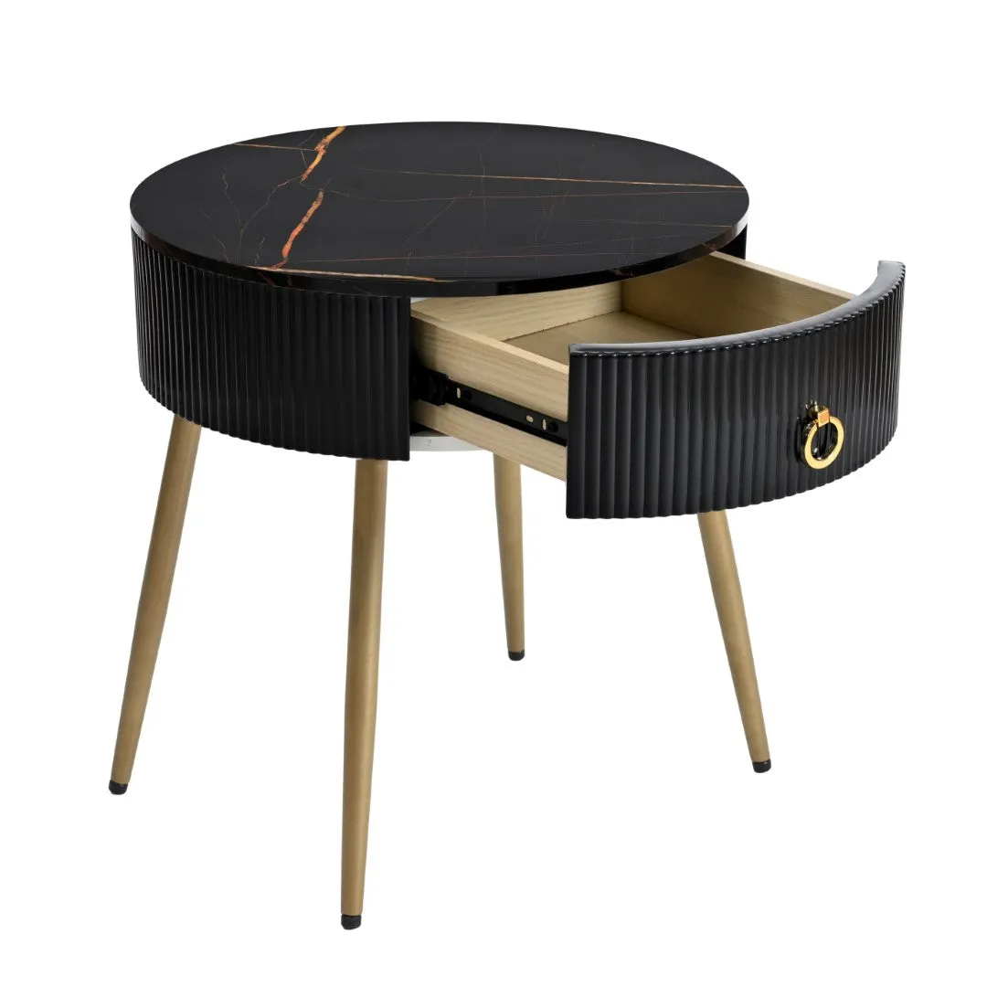 19.6'' End Tables, Set of 2, Modern Fluted Side Tables with Drawers, Faux Marble, Black