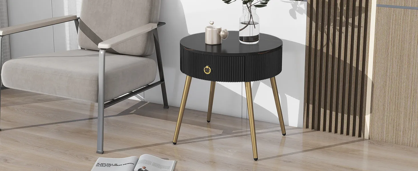 19.6'' End Tables, Set of 2, Modern Fluted Side Tables with Drawers, Faux Marble, Black