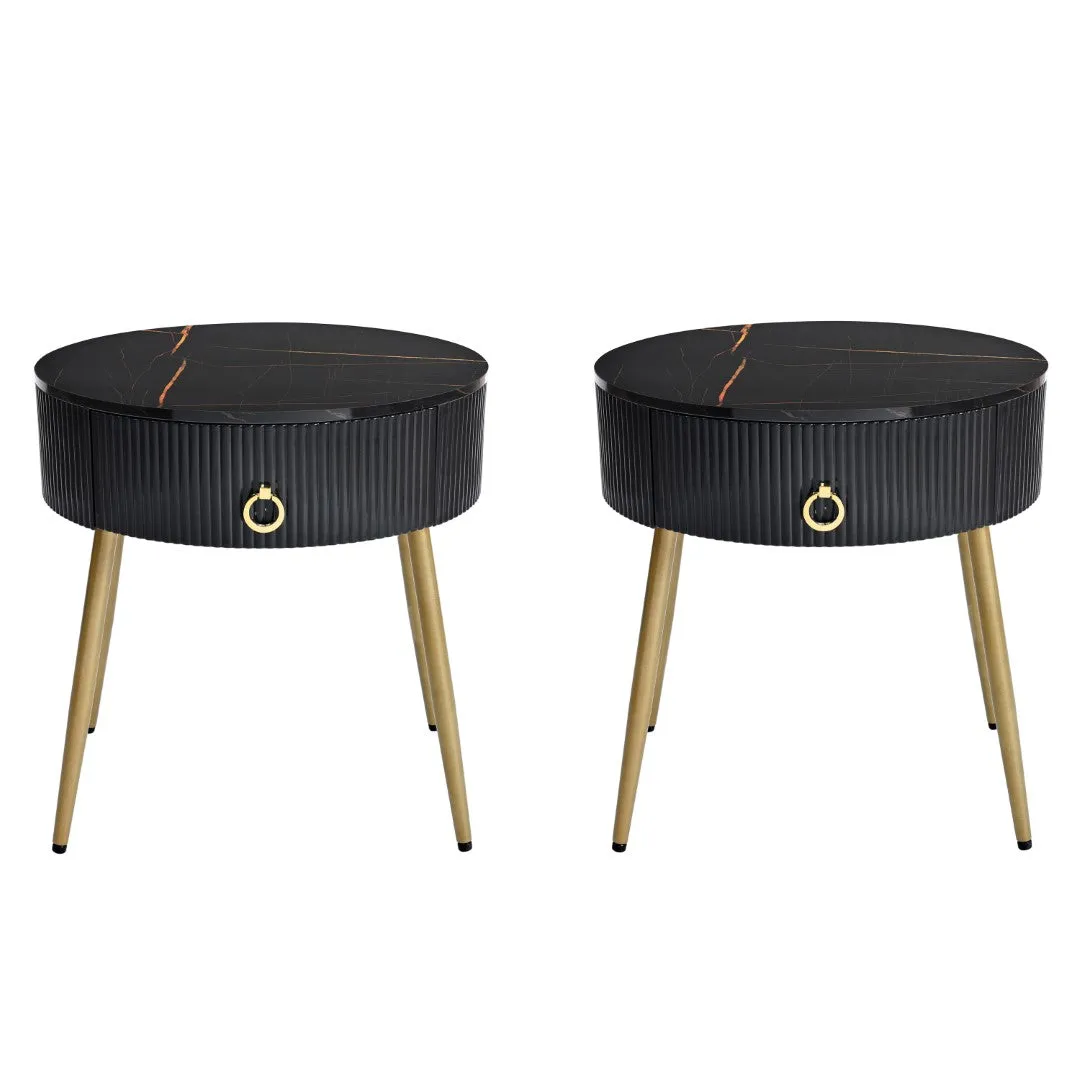 19.6'' End Tables, Set of 2, Modern Fluted Side Tables with Drawers, Faux Marble, Black