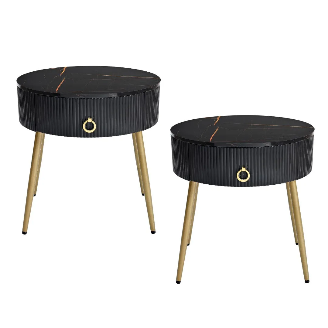 19.6'' End Tables, Set of 2, Modern Fluted Side Tables with Drawers, Faux Marble, Black