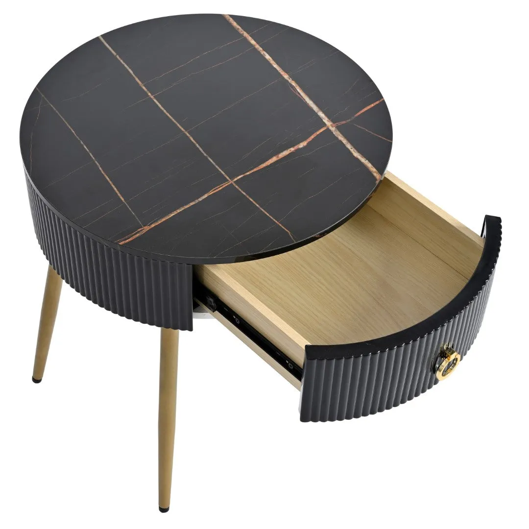19.6'' End Tables, Set of 2, Modern Fluted Side Tables with Drawers, Faux Marble, Black