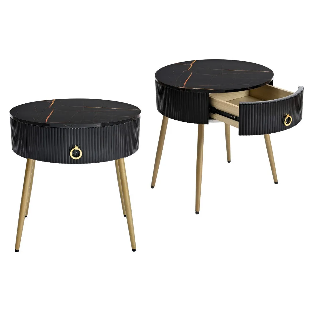 19.6'' End Tables, Set of 2, Modern Fluted Side Tables with Drawers, Faux Marble, Black