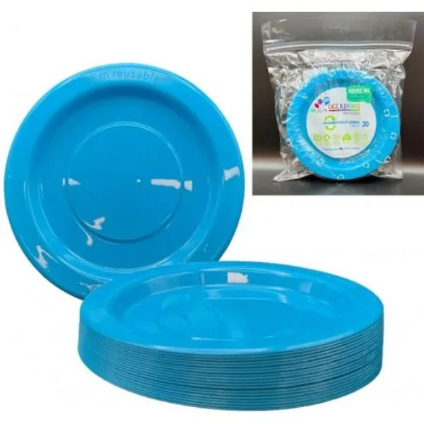 20 Pack Azure Blue Reusable Lunch Plates - 18cm
