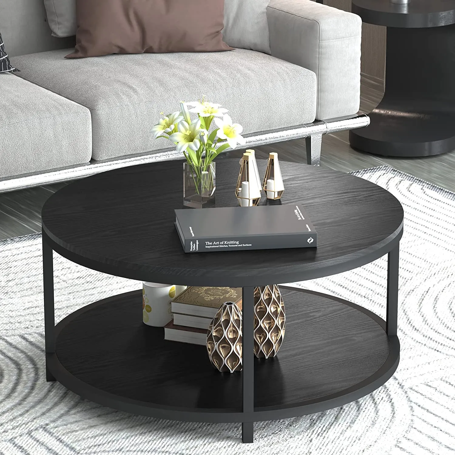 36 Inches round Coffee Table, Rustic Wooden Surface Top & Sturdy Metal Legs Industrial