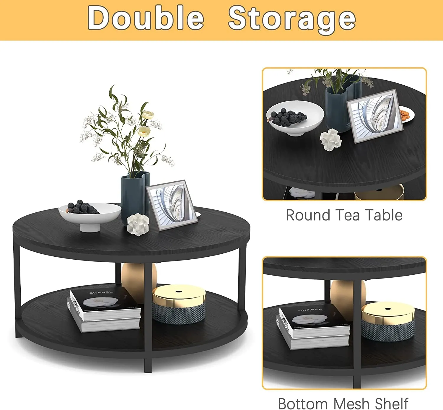 36 Inches round Coffee Table, Rustic Wooden Surface Top & Sturdy Metal Legs Industrial