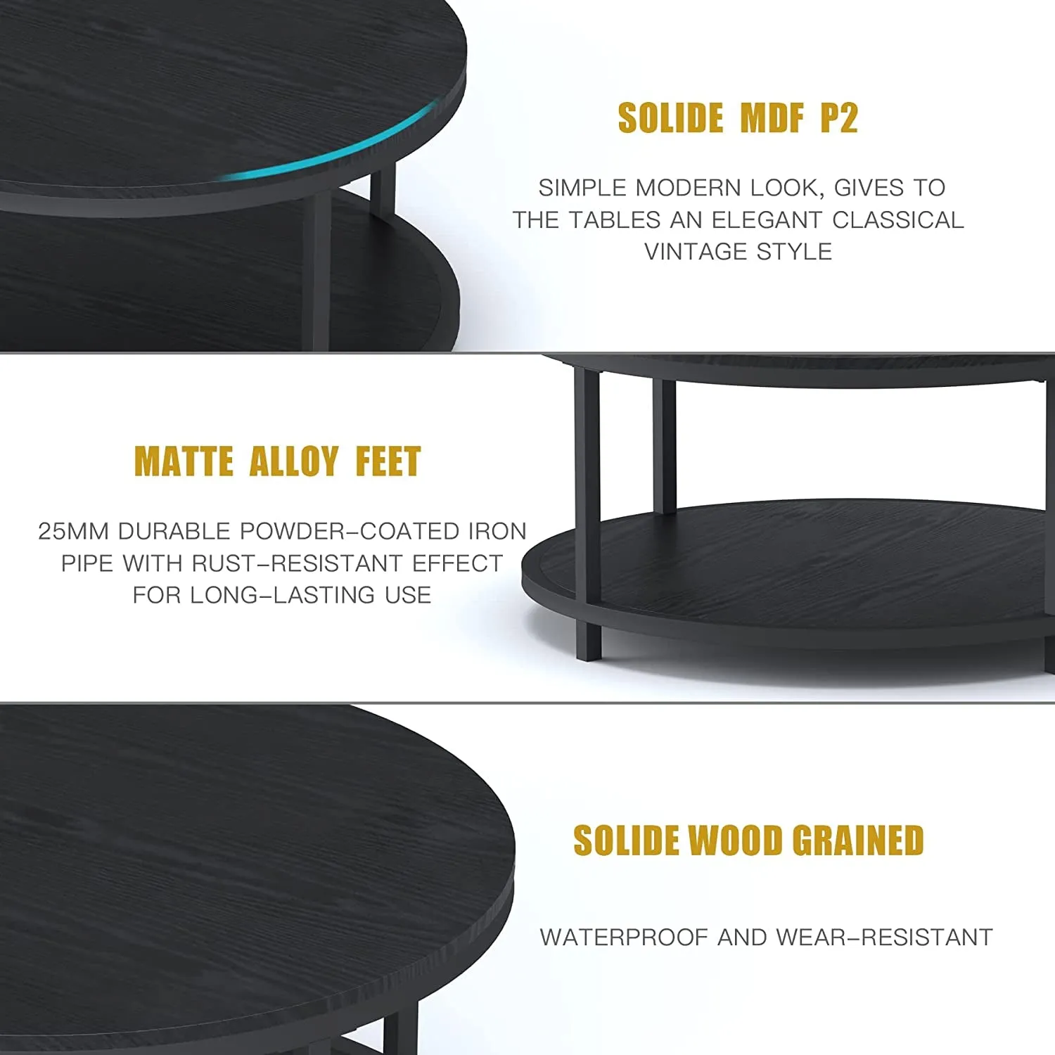36 Inches round Coffee Table, Rustic Wooden Surface Top & Sturdy Metal Legs Industrial