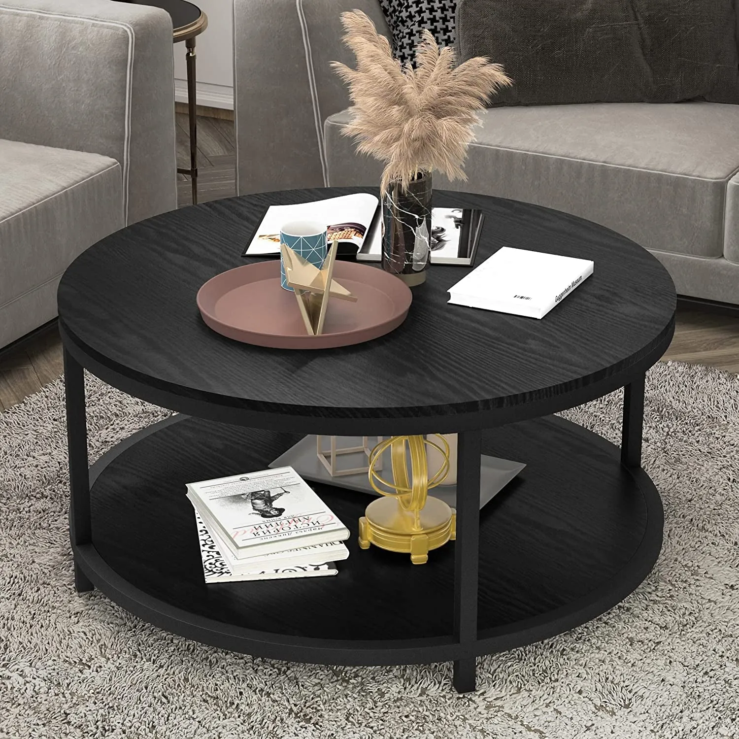 36 Inches round Coffee Table, Rustic Wooden Surface Top & Sturdy Metal Legs Industrial