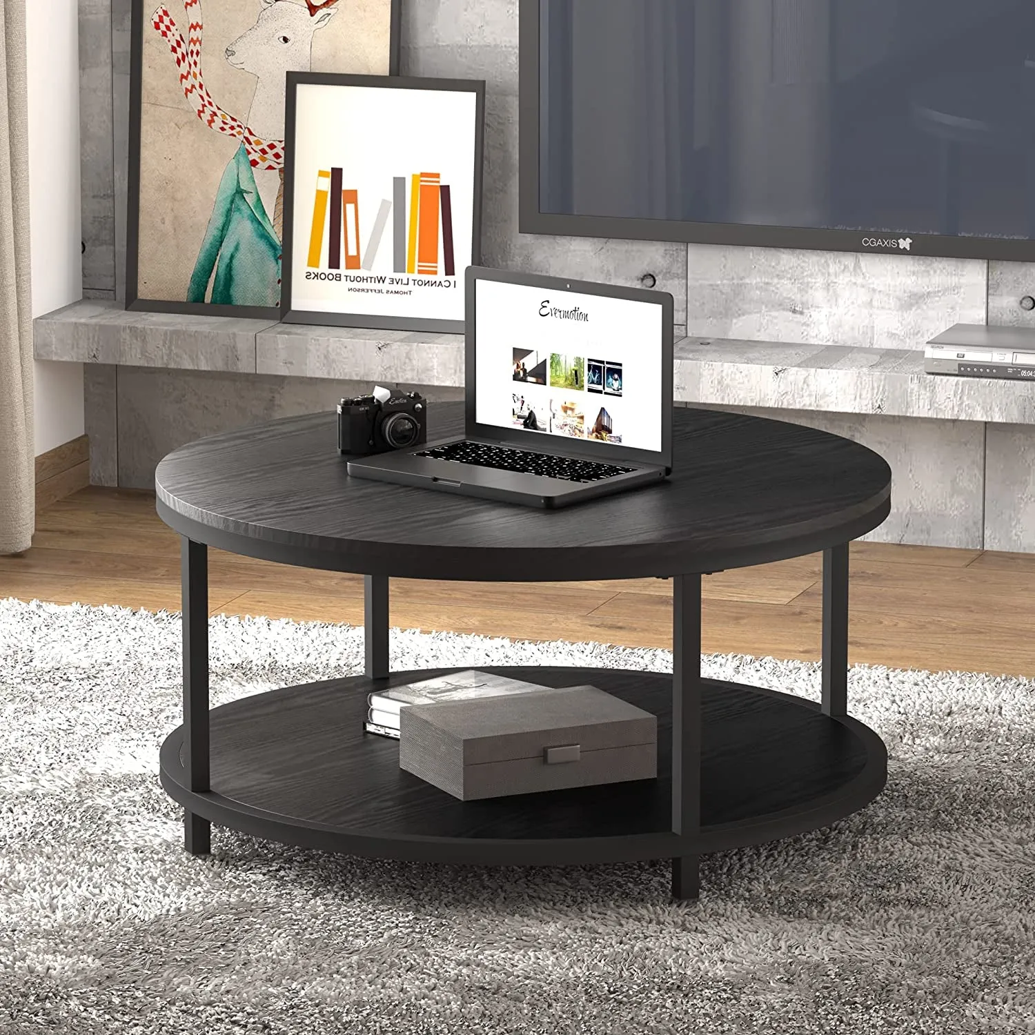 36 Inches round Coffee Table, Rustic Wooden Surface Top & Sturdy Metal Legs Industrial