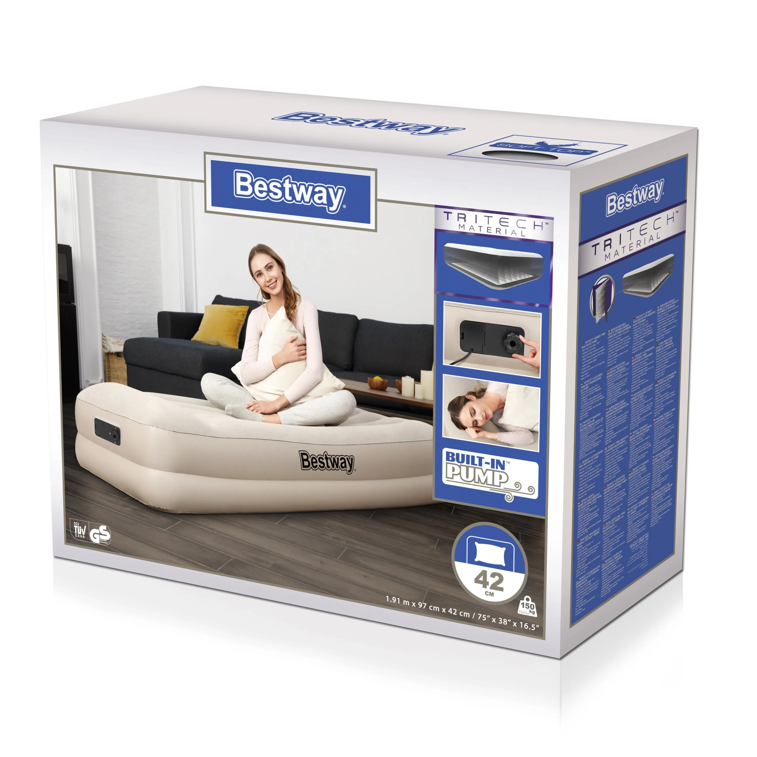 (67694) Bestway® 75" x 38" x 16.5"/1.91m x 97cm x 42cm Tritech Airbed Twin Built-in AC Pump