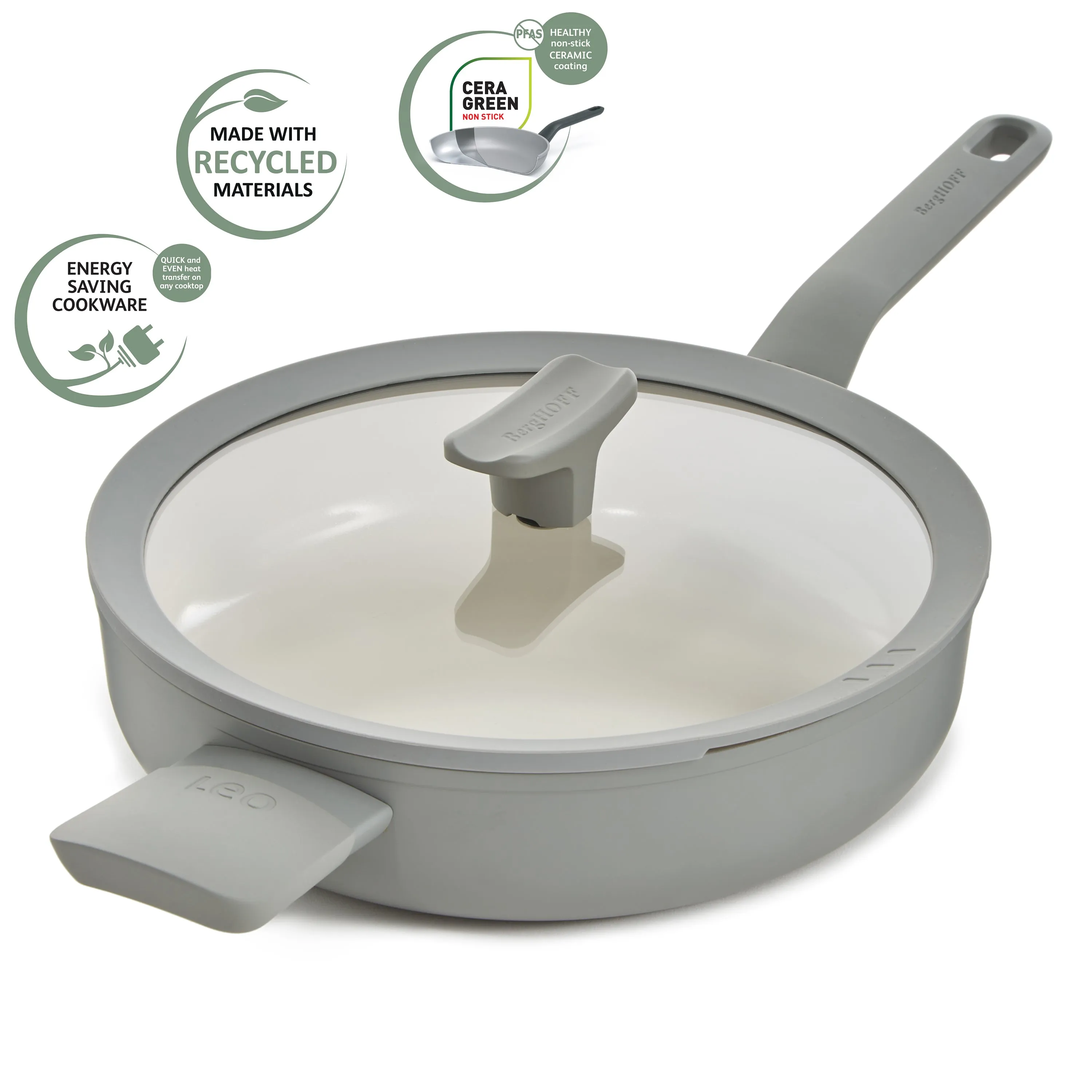 BergHOFF Balance Nonstick Ceramic Sauté Pan (Long Handle) 10.25", 3.1qt. With Glass Lid, Recycled Aluminum, Moonmist