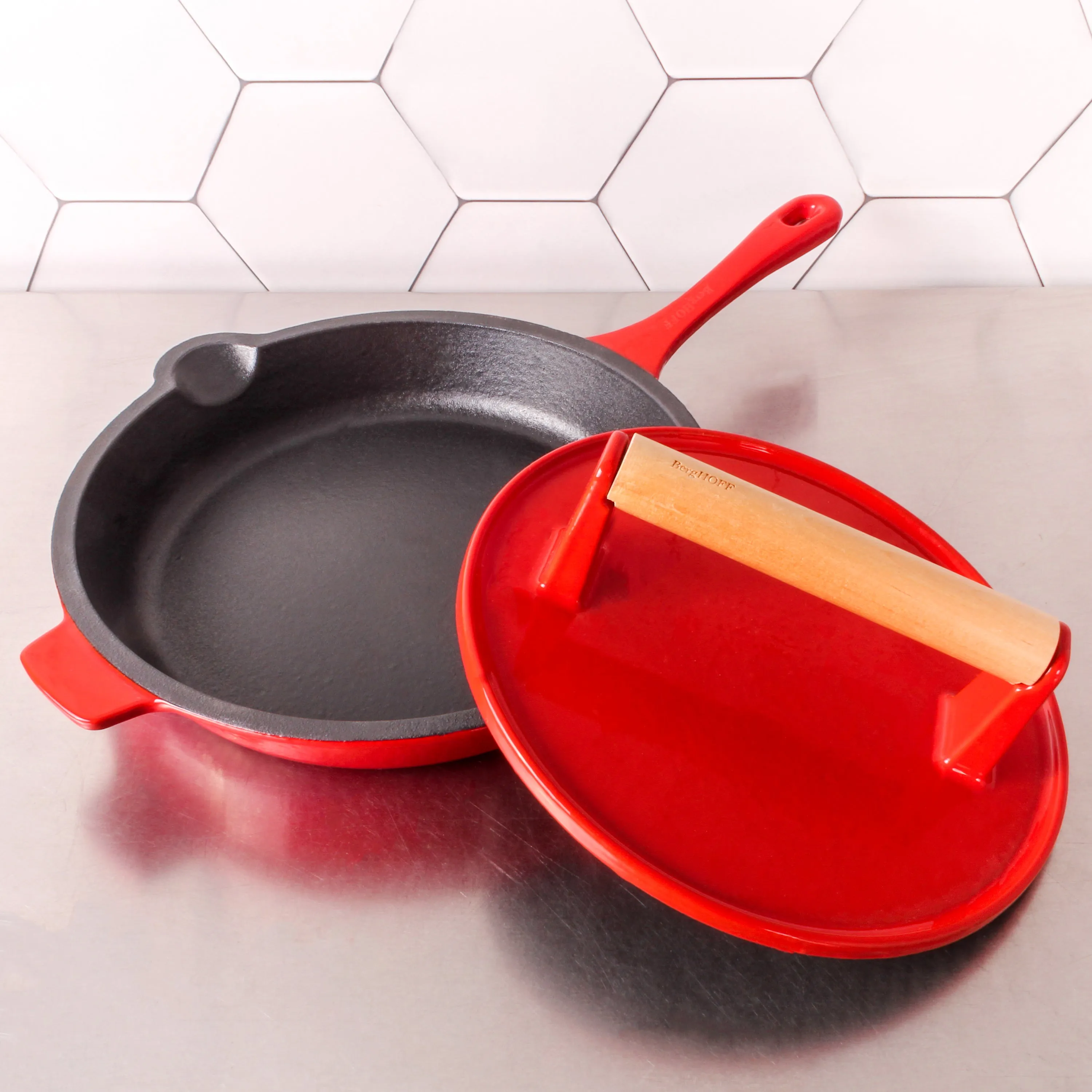BergHOFF Neo 2pc Cast Iron 10" Fry Pan with Steak Press, Red