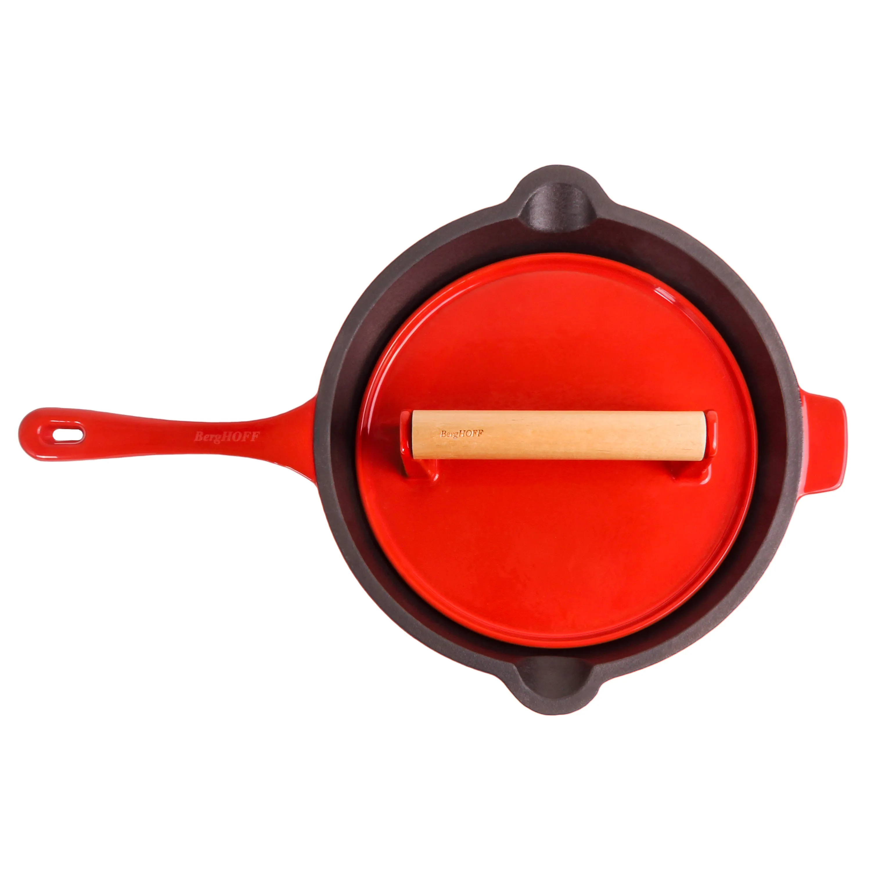 BergHOFF Neo 2pc Cast Iron 10" Fry Pan with Steak Press, Red