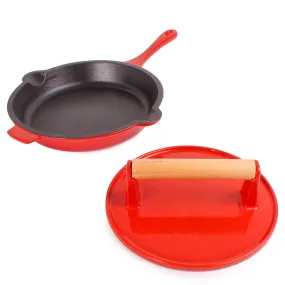 BergHOFF Neo 2pc Cast Iron 10" Fry Pan with Steak Press, Red