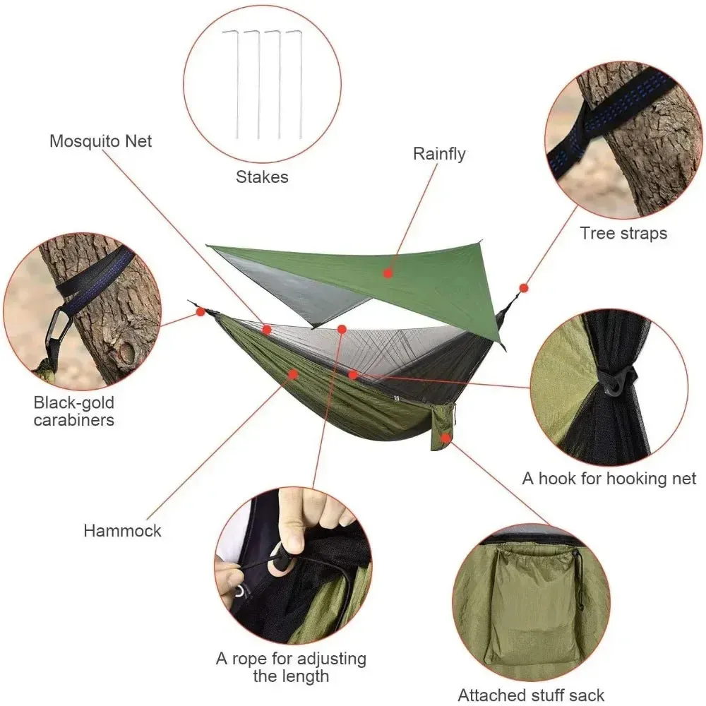 Camping Hammock with Rain fly Tarp and Mosquito Net Portable Single Double Hammock Tent with Tree Strap Backpacking Hammock