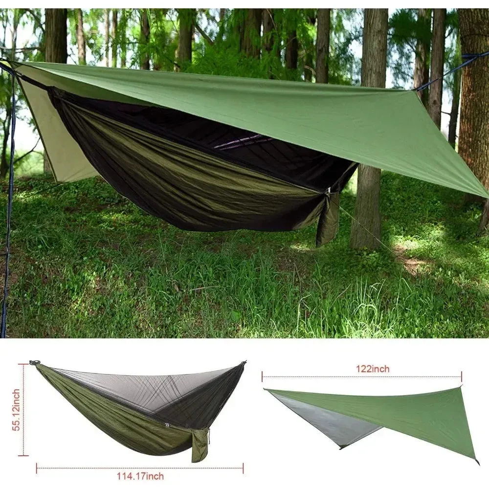 Camping Hammock with Rain fly Tarp and Mosquito Net Portable Single Double Hammock Tent with Tree Strap Backpacking Hammock