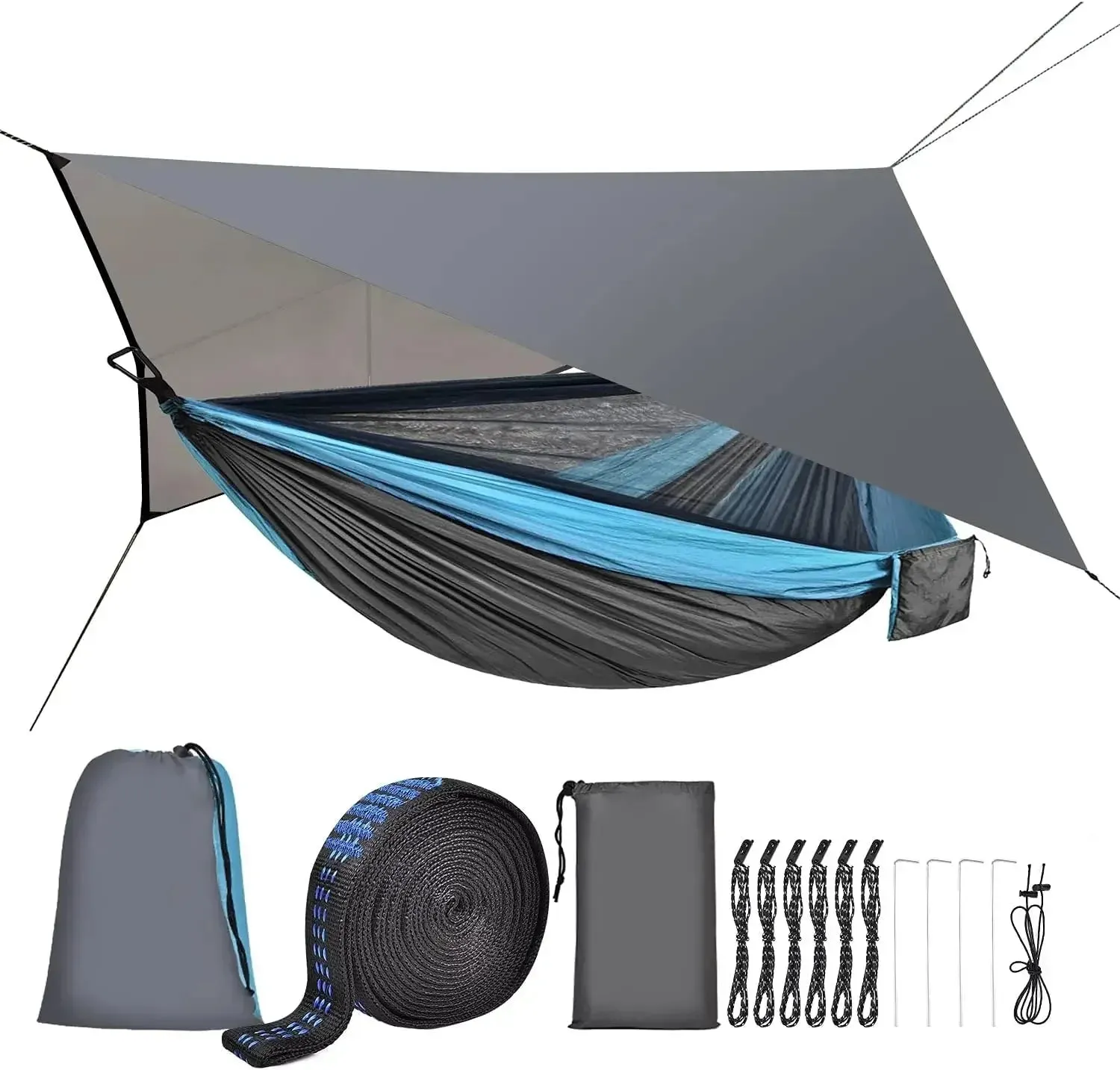 Camping Hammock with Rain fly Tarp and Mosquito Net Portable Single Double Hammock Tent with Tree Strap Backpacking Hammock