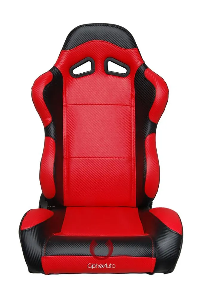 Cipher Auto Leatherette Seats (Black/Red/Carbon Fiber - Sold as a Pair - Reclining) CPA1003CFBKRD