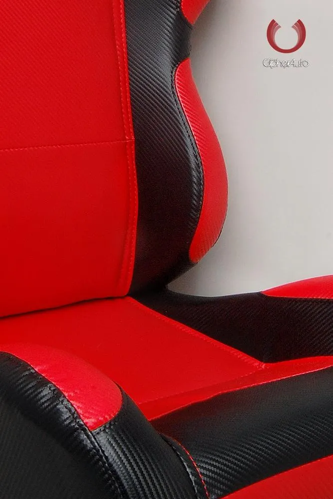 Cipher Auto Leatherette Seats (Black/Red/Carbon Fiber - Sold as a Pair - Reclining) CPA1003CFBKRD
