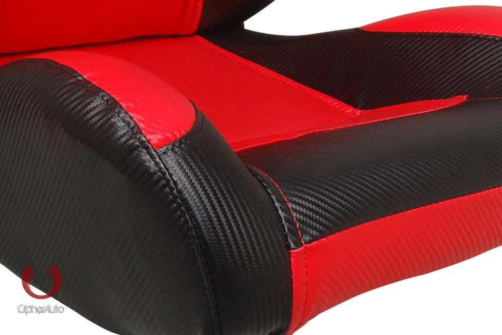 Cipher Auto Leatherette Seats (Black/Red/Carbon Fiber - Sold as a Pair - Reclining) CPA1003CFBKRD