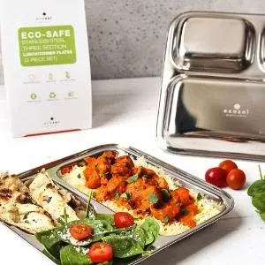 ecozoi Stainless Steel Dinner Plates, Reusable, 3 Compartments, 2 Pack