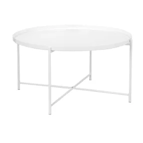 Ely 33 Inch Coffee Table, Round Top with Cross Base, White Metal Finish By Casagear Home