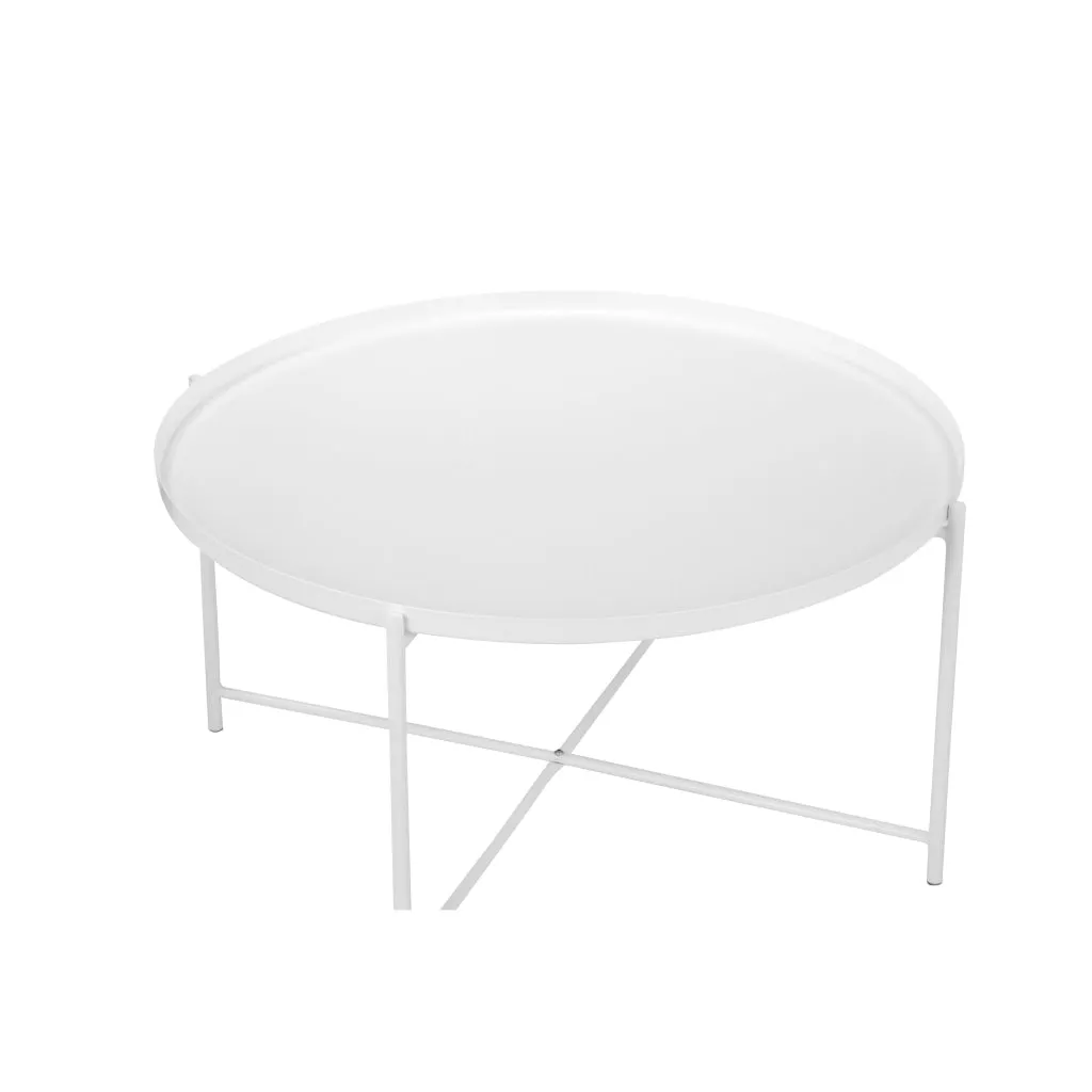 Ely 33 Inch Coffee Table, Round Top with Cross Base, White Metal Finish By Casagear Home