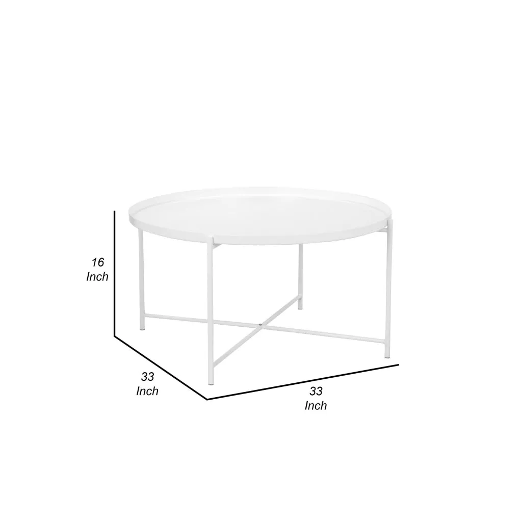 Ely 33 Inch Coffee Table, Round Top with Cross Base, White Metal Finish By Casagear Home
