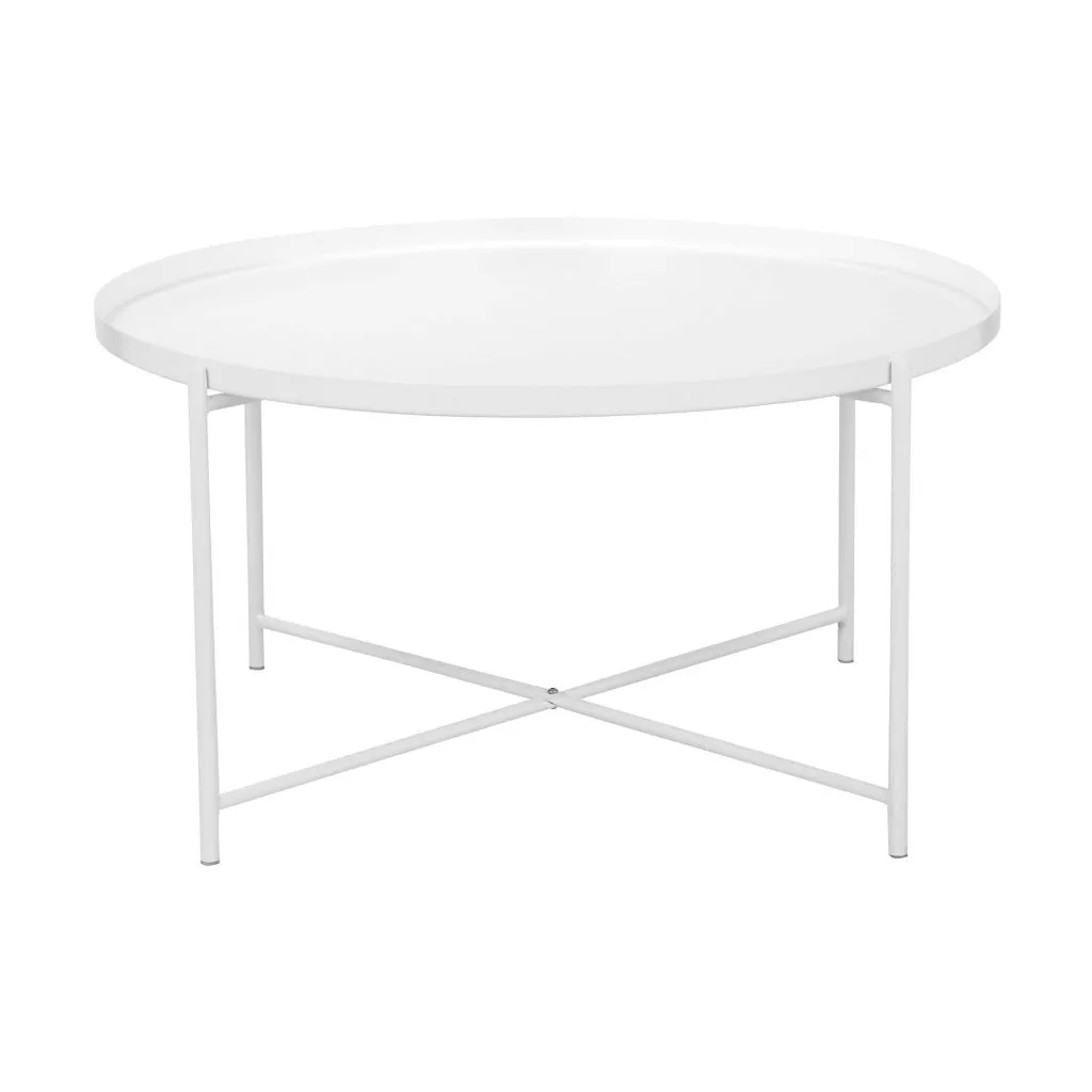 Ely 33 Inch Coffee Table, Round Top with Cross Base, White Metal Finish By Casagear Home