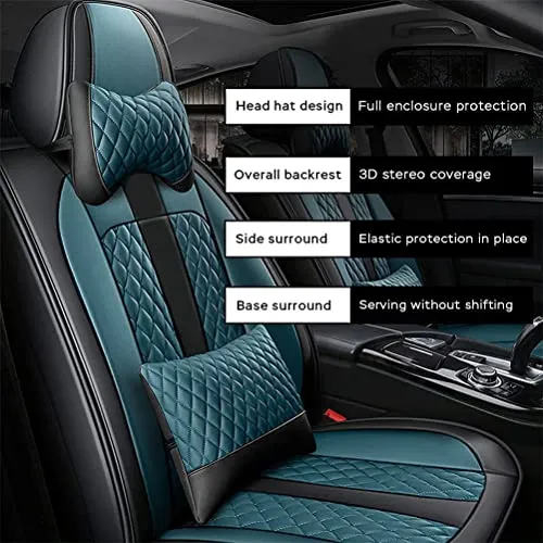 Front & Rear Seat Covers with Headrest Backrest Cushions for Chevy Chevrolet Bolt EV EUV Car Seat Cover Luxury PU Leather Comfortable Stylish Black×Blue