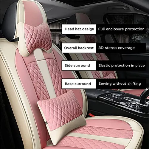 Front & Rear Seat Covers with Headrest Backrest Cushions for Chevy Chevrolet Bolt EV EUV Car Seat Cover Luxury PU Leather Comfortable Stylish Pink×Beige