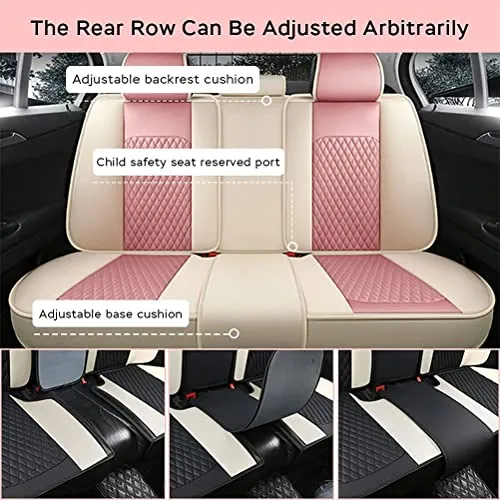 Front & Rear Seat Covers with Headrest Backrest Cushions for Chevy Chevrolet Bolt EV EUV Car Seat Cover Luxury PU Leather Comfortable Stylish Pink×Beige
