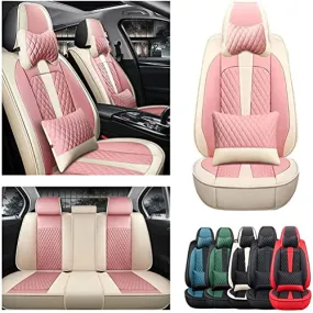 Front & Rear Seat Covers with Headrest Backrest Cushions for Chevy Chevrolet Bolt EV EUV Car Seat Cover Luxury PU Leather Comfortable Stylish Pink×Beige
