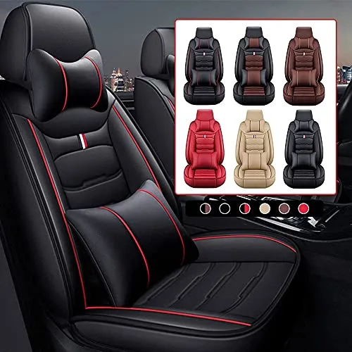 Front & Rear Seat Covers with Headrest Backrest Cushions for Chevy Chevrolet Bolt EV EUV Car Seat Cover Luxury PU Leather Comfortable Wear Resistant Black×Red