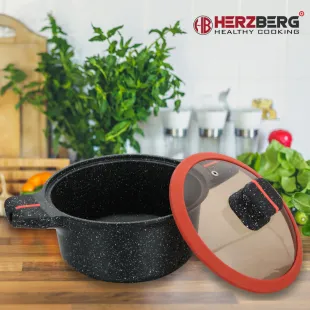 Herzberg HG-RSCAS32: Granite-Coated Casserole with Glass Lid - 24CM