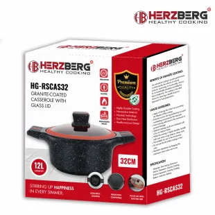 Herzberg HG-RSCAS32: Granite-Coated Casserole with Glass Lid - 24CM