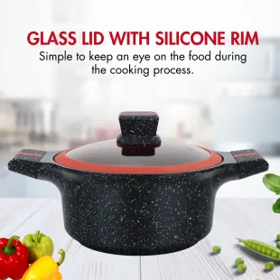 Herzberg HG-RSCAS32: Granite-Coated Casserole with Glass Lid - 24CM