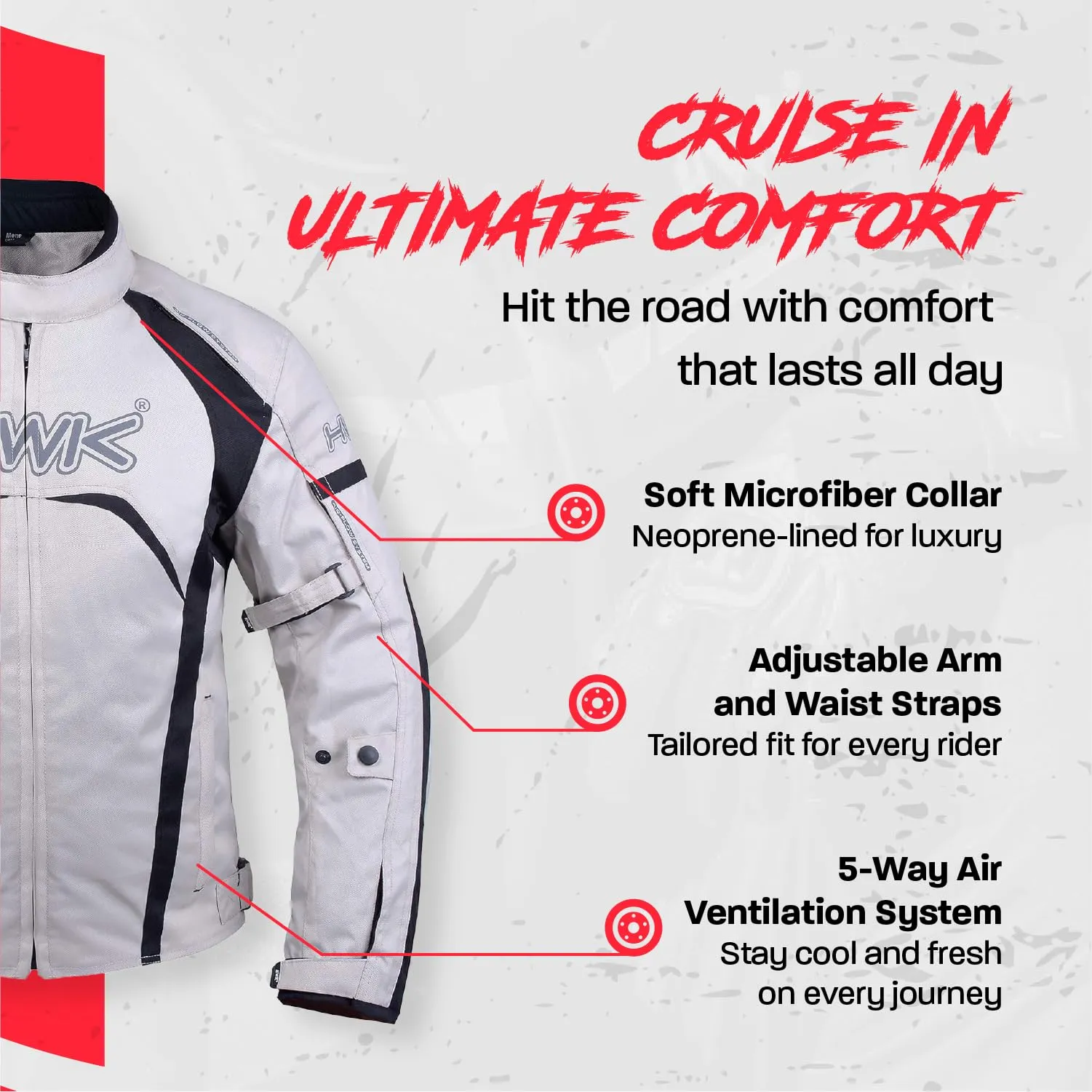 HWK Motorcycle Jacket for Men & Women, Waterproof, High Visibility Rain Jacket with CE Armor, Adjustable, Durable Polyester Motorcycle Riding Jacket, Dirt Bike Gear Enduro Racing, Silver, XL