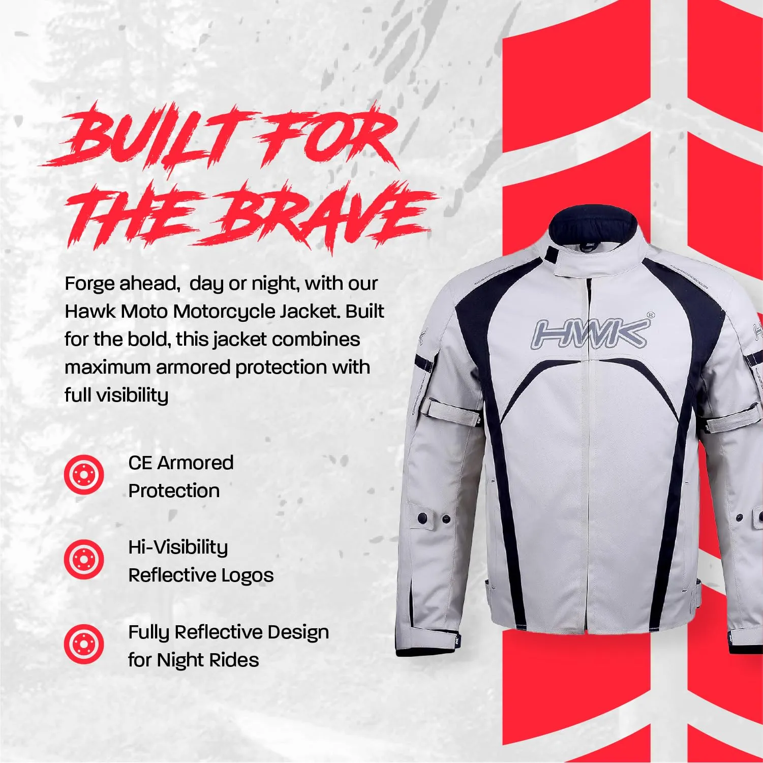 HWK Motorcycle Jacket for Men & Women, Waterproof, High Visibility Rain Jacket with CE Armor, Adjustable, Durable Polyester Motorcycle Riding Jacket, Dirt Bike Gear Enduro Racing, Silver, XL