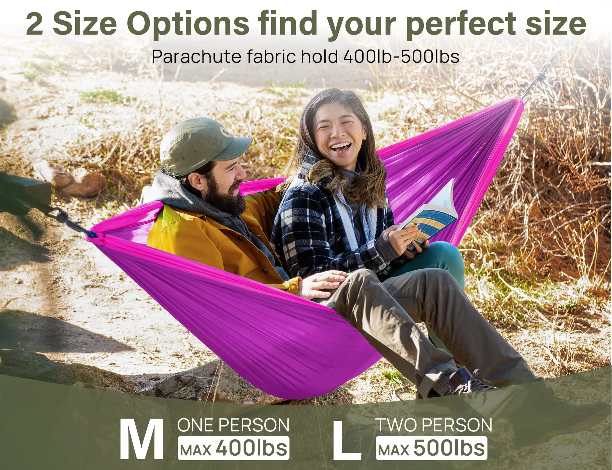 Kootek Camping Hammock Double & Single Portable Hammocks Camping Accessories for Outdoor, Indoor, Backpacking, Travel, Beach, Backyard, Patio, Hiking, Bright Violet & Pink