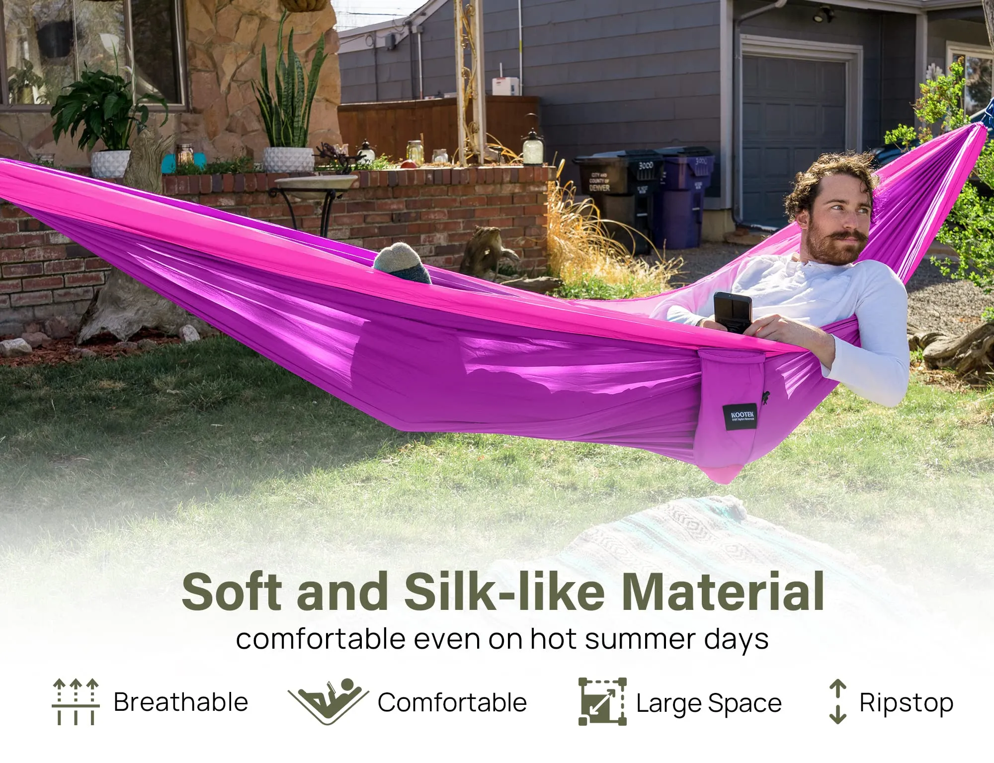 Kootek Camping Hammock Double & Single Portable Hammocks Camping Accessories for Outdoor, Indoor, Backpacking, Travel, Beach, Backyard, Patio, Hiking, Bright Violet & Pink