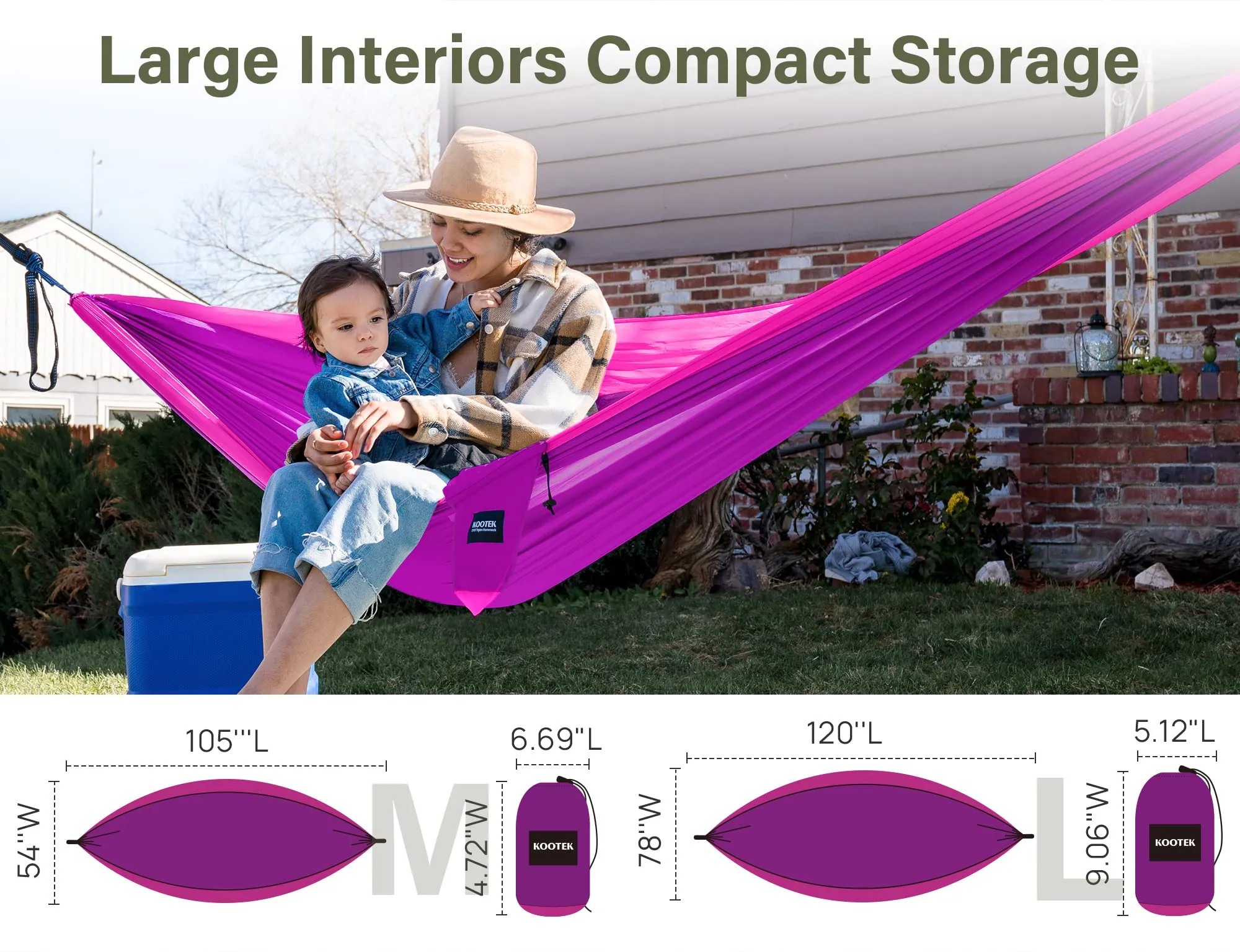 Kootek Camping Hammock Double & Single Portable Hammocks Camping Accessories for Outdoor, Indoor, Backpacking, Travel, Beach, Backyard, Patio, Hiking, Bright Violet & Pink